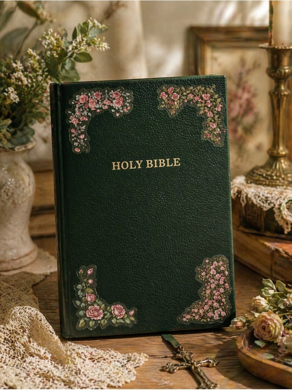 Classic Green Floral Holy Bible - Elegant Floral Design